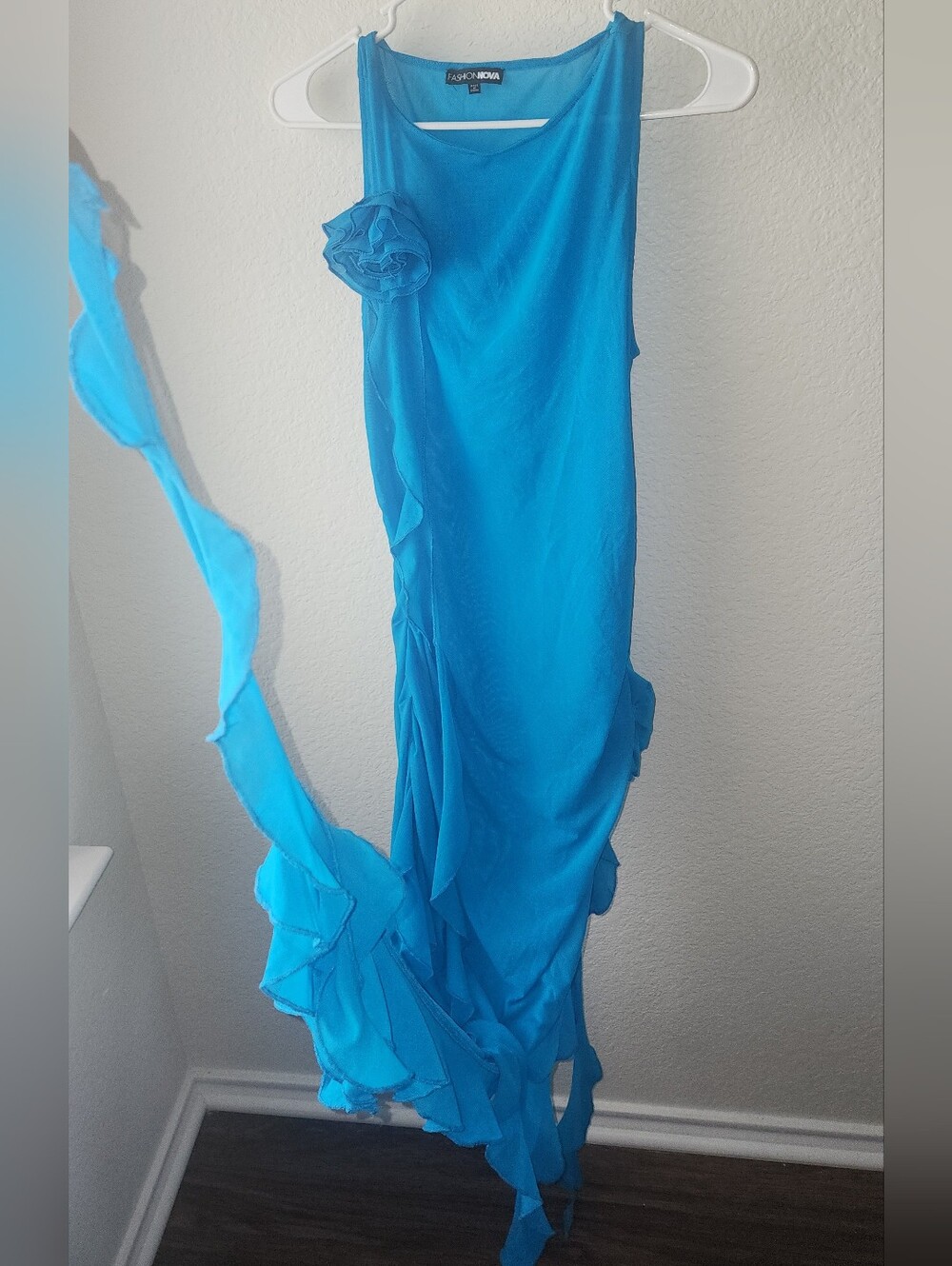 Fashion Nova Blue Sheer Ruffled Maxi Dress with Floral Appliqués - Picture 8 of 8